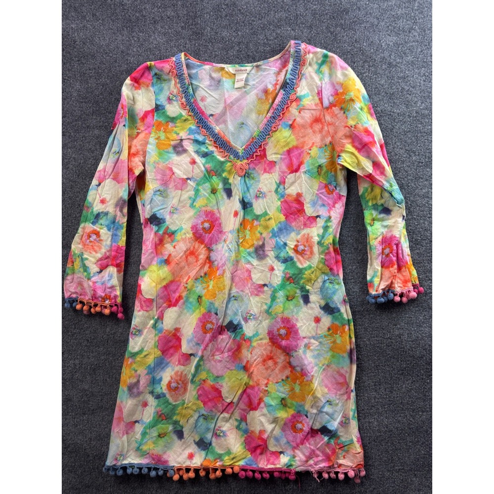 Sundance Tunic Top Womens Medium Multicolor Floral Pom Pom Trim V-Neck Cotton